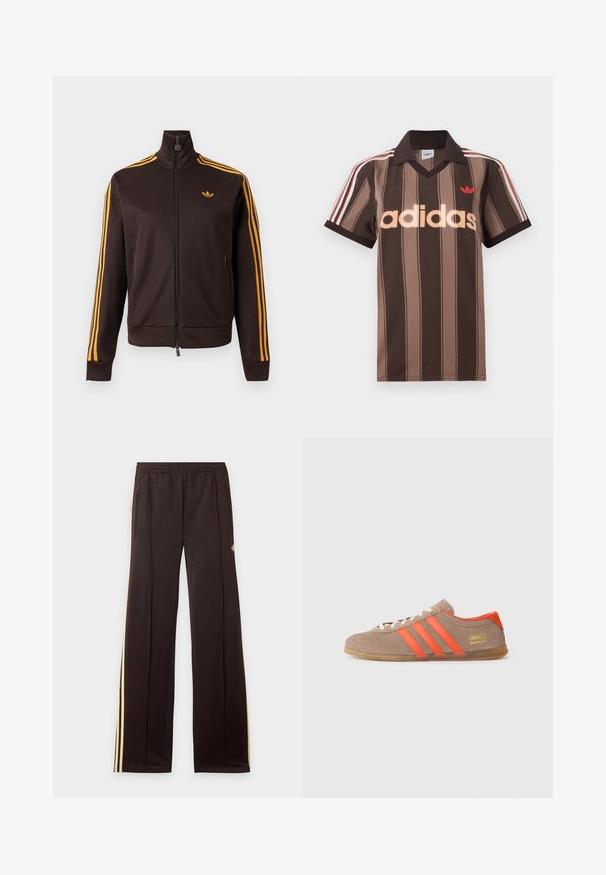 Chaqueta de chándal negra con cremallera, con tres rayas naranjas en las mangas y logo de Adidas naranja en el pecho, cuello alto y bolsillos laterales con cremallera.; Polo Adidas marrón con rayas, cuello en V, cuello burdeos y logo rojo. Presenta rayas blancas y rojas en los hombros, mangas cortas.; Pantalones de chándal negros con rayas amarillas laterales, cintura elástica, bolsillos laterales con cremallera y un pequeño logo en el muslo superior.; Zapatillas de ante marrón con tres rayas naranjas brillantes, parte frontal con cordones y el logo dorado "Gazelle" en el lateral. Suela de goma plana.