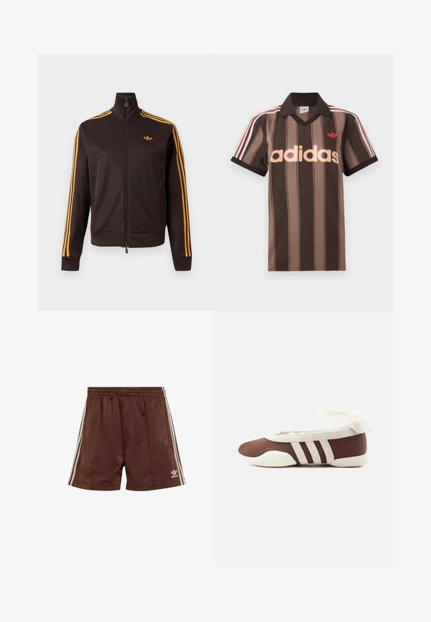 Schwarze Trainingsjacke mit Reißverschluss, orangefarbenen drei Streifen an den Ärmeln und orangefarbenem Adidas-Logo auf der Brust, hohem Kragen und Reißverschlusstaschen an den Seiten.; Braunes gestreiftes Adidas-Poloshirt mit V-Ausschnitt, bordeauxrotem Kragen und rotem Logo. Mit weißen und roten Schulterstreifen, kurzen Ärmeln.; Braune Sportshorts aus glattem Stoff mit lockerer Passform, die weiße seitliche Streifen und ein besticktes Logo am unteren linken Saum aufweisen.; Brauner und weißer Ballerinaschuh mit drei weißen Streifen und einer Schleife zum Binden am Knöchel auf einem schlichten hellen Hintergrund.