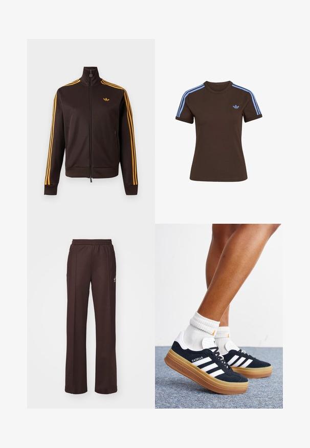 Schwarze Trainingsjacke mit Reißverschluss, orangefarbenen drei Streifen an den Ärmeln und orangefarbenem Adidas-Logo auf der Brust, hohem Kragen und Reißverschlusstaschen an den Seiten.; Braunes Kurzarm-T-Shirt mit hellblauen drei Streifen auf den Schultern und kleinem hellblauem Adidas-Logo auf der linken Brust.; Braune Sporthose mit einem elastischen Bund, zwei Seitentaschen und einem kleinen Logo auf der linken Seite, gefertigt aus weichem Stoff.; Beine mit weißen Socken und schwarzen Adidas Gazelle Sneakers mit weißen Streifen und dicken braunen Sohlen auf einem grauen Teppichboden.