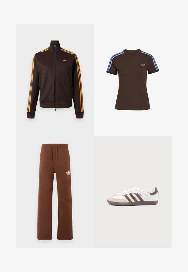 Schwarze Trainingsjacke mit Reißverschluss, orangefarbenen drei Streifen an den Ärmeln und orangefarbenem Adidas-Logo auf der Brust, hohem Kragen und Reißverschlusstaschen an den Seiten.; Braunes Kurzarm-T-Shirt mit hellblauen drei Streifen auf den Schultern und kleinem hellblauem Adidas-Logo auf der linken Brust.; Braune Sweatpants aus weichem Stoff mit lockerem Schnitt, ausgestattet mit einem elastischen Bund, einem Kordelzug und einem weißen Logo am linken Oberschenkel.; Weißer Adidas Samba Sneaker mit braunen Wildlederstreifen, brauner Gummisohle und beiger Wildlederkappe, von der Außenseite auf schlichtem Hintergrund gezeigt.