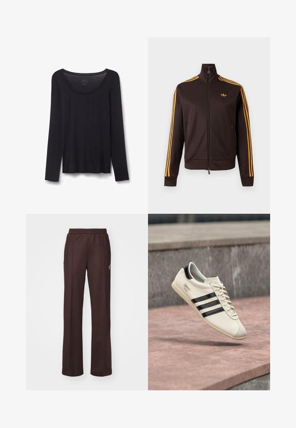 Chaqueta de chándal negra con cremallera, con tres rayas naranjas en las mangas y logo de Adidas naranja en el pecho, cuello alto y bolsillos laterales con cremallera.; Camisa negra ligera de algodón con mangas largas y cuello redondo, talla pequeña, extendida sobre fondo blanco.; Pantalones deportivos marrones con una cinturilla elástica, dos bolsillos laterales y un pequeño logo en el lado izquierdo, hechos de una tela suave.; Zapatilla blanca de Adidas con rayas negras y suela beige, flotando sobre una superficie de concreto rosada y un fondo de piedra gris.