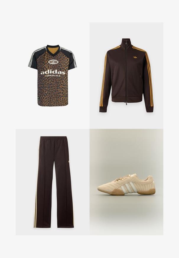 Schwarze Trainingsjacke mit Reißverschluss, orangefarbenen drei Streifen an den Ärmeln und orangefarbenem Adidas-Logo auf der Brust, hohem Kragen und Reißverschlusstaschen an den Seiten.; adidas Originals LEO PRINT SATIN - T-Shirt print - multicolor bronze strata; Schwarze Jogginghose mit gelben Seitenstreifen, elastischem Bund, seitlichen Reißverschlusstaschen und kleinem Logo am oberen Oberschenkel.; Beiger Wildledersneaker mit weißen Streifen und strukturierter Gummisohle, Seitenansicht vor neutralem Hintergrund.