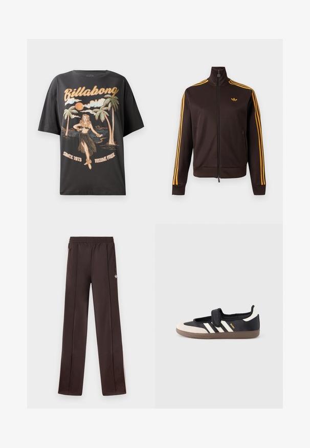 Chaqueta de chándal negra con cremallera, con tres rayas naranjas en las mangas y logo de Adidas naranja en el pecho, cuello alto y bolsillos laterales con cremallera.; Camiseta de algodón negra con un gráfico colorido de una bailarina de hula, palmeras y el texto "Billabong" en letras en negrita.; Pantalones deportivos Adidas de color marrón oscuro con cintura elástica, bolsillos laterales con cremallera y pequeño logo Trefoil blanco en el muslo derecho.; Zapatilla negra y beige con una correa de velcro, tres rayas blancas en el lateral y una suela de goma marrón texturizada. Logotipo de la marca visible.