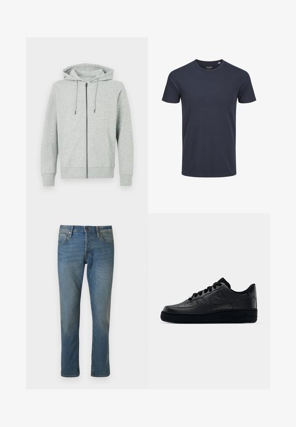Hellgrauer Hoodie mit Reißverschluss aus weichem Stoff. Verfügt über eine Kapuze, Kordelzüge und zwei Seitentaschen. Gerippte Bündchen und Saum.; Navyblaues T-Shirt mit kurzen Ärmeln aus Baumwolle, runder Ausschnitt und geradem Saum. Einfaches, einfarbiges Design ohne zusätzliche Muster oder Akzente.; Straight-leg blaue Jeans aus Denim mit Vordertaschen, Gürtelschlaufen und Knopfverschluss auf einfarbigem Hintergrund.; Schwarzer Nike Air Force 1 Schuh mit einem glatten Lederoberteil, perforierter Zehenpartie für Atmungsaktivität, schwarzen Schnürsenkeln und einer strukturierten Gummisohle.