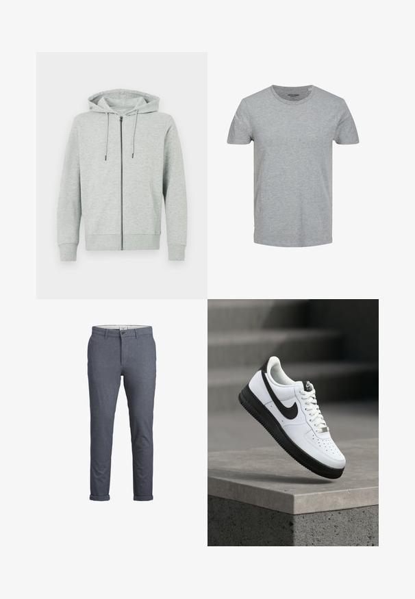 Sweat à capuche zippé gris clair en tissu doux. Comprend une capuche, des cordons de serrage et deux poches latérales. Poignets et ourlet côtelés.; T-shirt gris à manches courtes en coton doux. Doté d'un col ras du cou classique et d'une coupe régulière. Design simple sans motifs ni accents.; Pantalons pour hommes ajustés en motif chevron bleu foncé, avec fermeture à bouton, design épuré et ourlets retournés. Réalisés en tissu léger.; Baskets en cuir blanc avec accents noirs, bout arrondi et détails perforés. Semelle en caoutchouc noire avec motif texturé et fermeture à lacets.