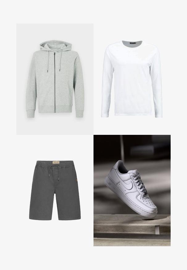 Sweat à capuche zippé gris clair en tissu doux. Comprend une capuche, des cordons de serrage et deux poches latérales. Poignets et ourlet côtelés.; T-shirt blanc à manches longues en coton, avec un col rond et une texture lisse. Sans motifs ni accents. Design simple.; Shorts gris avec une ceinture élastique, une fermeture à cordon, des poches latérales et un petit patch logo beige. Fabriqués en tissu léger.; La basket Nike Air Force 1 en cuir blanc présente un embout perforé, des lacets plats et une semelle en caoutchouc texturée avec le logo « AIR » sur le côté.