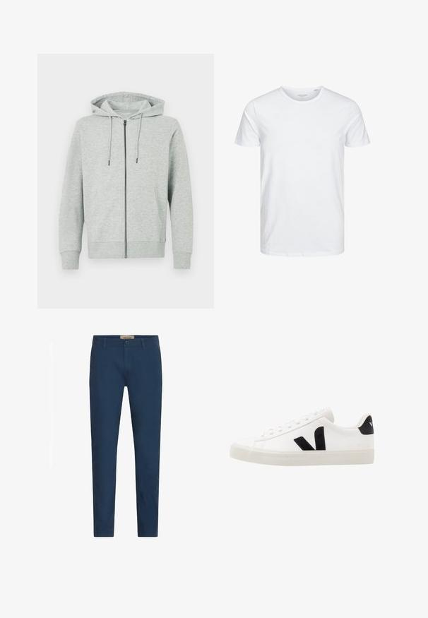 Hellgrauer Hoodie mit Reißverschluss aus weichem Stoff. Verfügt über eine Kapuze, Kordelzüge und zwei Seitentaschen. Gerippte Bündchen und Saum.; Rundhals-T-Shirt mit kurzen Ärmeln in reinem Weiß, aus weicher Baumwolle, mit einem schlichten Design ohne sichtbare Muster oder Akzente.; Marineblaue Slim-Fit-Hosen für Herren mit Gürtelschlaufen, Frontknopfverschluss und Seitentaschen, vor einem weißen Hintergrund präsentiert.; Weiße Leder-Sneaker mit schwarzen Wildlederelementen; verfügen über eine Gummisohle, eine runde Spitze und ein klassisches Schnürdesign. Seitliches Logo in Schwarz.