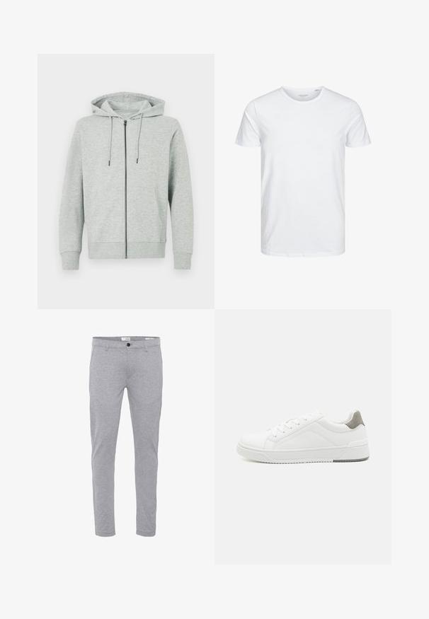 Sweat à capuche zippé gris clair en tissu doux. Comprend une capuche, des cordons de serrage et deux poches latérales. Poignets et ourlet côtelés.; T-shirt à col rond à manches courtes de couleur blanche unie, fabriqué en coton doux, avec un design simple sans motifs ni accents visibles.; Pantalon slim gris clair avec fermeture par bouton et zip à l'avant, poches avant et passants pour ceinture.; Basket blanche en cuir lisse, à bout arrondi, design minimaliste, accent de talon gris et semelle en caoutchouc texturé.