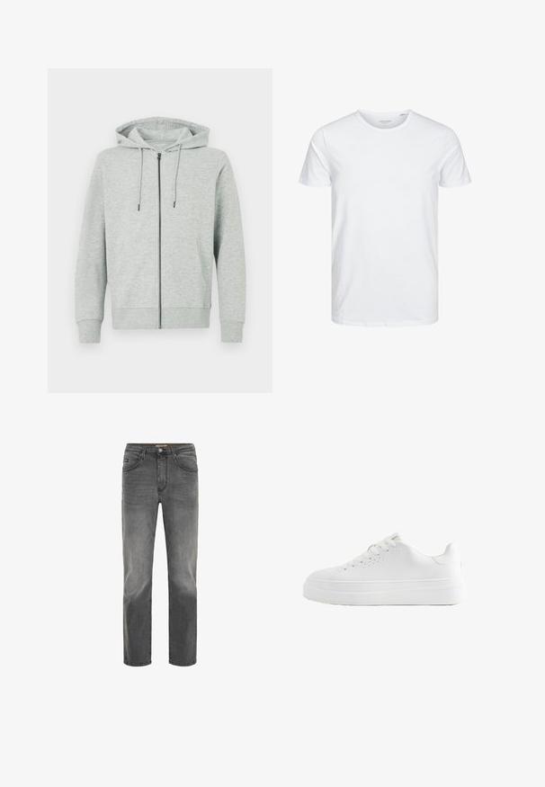Lichtgrijze hoodie met rits, gemaakt van zachte stof. Voorzien van een capuchon, trekkoorden en twee zijzakken. Geribbelde manchetten en zoom.; Ronde hals kortemouwen t-shirt in effen wit, gemaakt van zachte katoen, heeft een eenvoudig ontwerp zonder zichtbare patronen of accenten.; Rechtoe-rechtaan mannenjeans in vervaagd zwart denim met knoop- en ritssluiting, voor- en achterzakken, en riemlussen.; Witte lage sneaker met dikke zool, veters aan de voorkant en kleine ventilatiegaatjes aan de zijkant, zijaanzicht.
