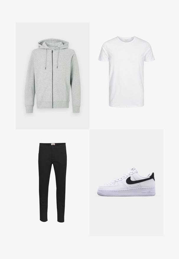 Lichtgrijze hoodie met rits, gemaakt van zachte stof. Voorzien van een capuchon, trekkoorden en twee zijzakken. Geribbelde manchetten en zoom.; Ronde hals kortemouwen t-shirt in effen wit, gemaakt van zachte katoen, heeft een eenvoudig ontwerp zonder zichtbare patronen of accenten.; Zwarte broek van stevige stof, met een standaard pasvorm, vijf zakken en een knoopsluiting. Stijlvol en veelzijdig.; Witte leren sneaker met een gestructureerde zwarte Swoosh, platte veters en een rubberen zool met een geribbeld patroon. "AIR" is in de hak geperst.