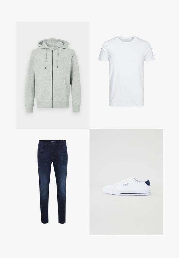 Sudadera con cremallera de color gris claro, confeccionada con tela suave. Cuenta con capucha, cordones ajustables y dos bolsillos laterales. Puños y bajo acanalados.; Camiseta de manga corta y cuello redondo en blanco sólido, fabricada en algodón suave, presenta un diseño simple sin patrones ni acentos visibles.; Jeans de mezclilla azul oscuro con un corte slim, diseño de cinco bolsillos, sutil desgaste en la tela, cierre de botón y etiqueta con el logo en la parte trasera de la cinturilla.; Zapatillas de lona blancas con un acento en el talón en color navy, suela de goma plana, punta redonda y cordones blancos. Presenta un logo en el costado.