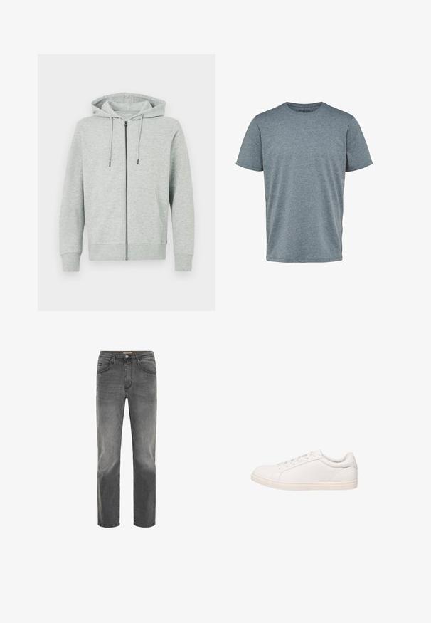 Lysegrå lynlås-hoodie lavet af blødt stof. Har hætte, snore og to sidelommer. Ribstrikkede manchetter og kant.; Selected SLMASPEN ONECK TEE - T-shirts basic - medium grey melange; Drejede mænds jeans i falmet mørkegrå denim med frontlommer, bæltestropper og knappelukning.; Hvid lavt sneakersko med snørelukning og flad sål, vist i sideprofil på hvid baggrund.