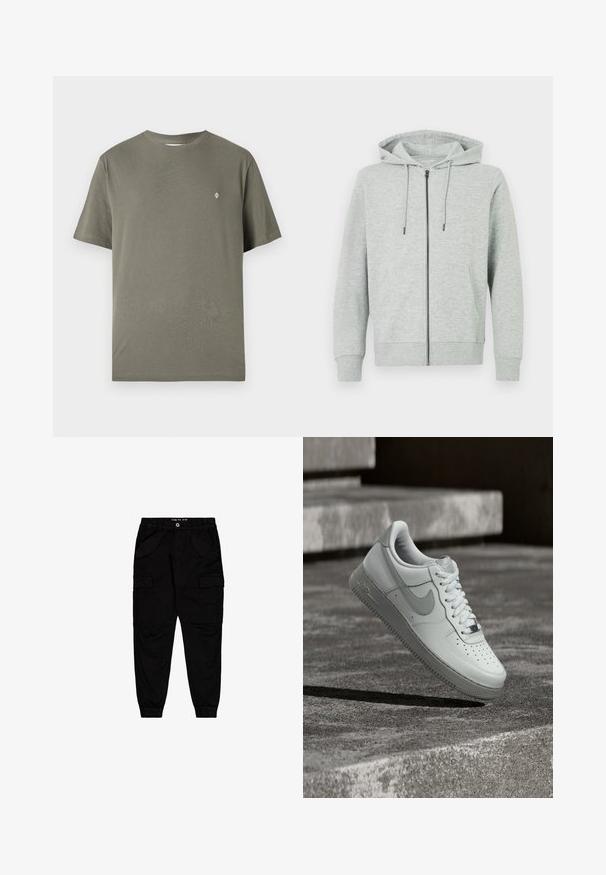 Sweat à capuche zippé gris clair en tissu doux. Comprend une capuche, des cordons de serrage et deux poches latérales. Poignets et ourlet côtelés.; T-shirt en coton vert olive avec un col rond, des manches courtes et un petit logo blanc sur la poitrine. Design simple et épuré.; Pantalons cargo noirs en coton, dotés de deux poches avant et de deux poches cargo sur les côtés, avec des poignets et une taille élastiqués.; Baskets blanches Nike Air Force 1 flottant au-dessus d'une surface en béton texturé avec des marches en pierre en arrière-plan.