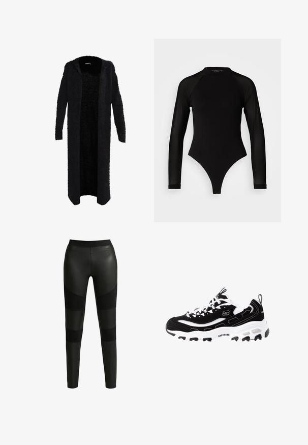 Lang sort cardigan lavet af fuzzy materiale med hætte. Åben frontdesign, lange ærmer og en blød tekstur. Ingen synlige lukninger eller mønstre.; Sort langermet bodysuit med høj hals, fremstillet af solidt stof på torsoen og gennemsigtigt mesh på ærmerne, designet i en tætsiddende form.; Sorte leggings med en blanding af glinsende og mat finish. Har en bred talje og kontrasterende paneler langs benene. Glat tekstur.; Sort og hvid atletisk sko med overdel i ruskind, polstret krave og let sål. Har fremtrædende logo og kontrasterende syninger.