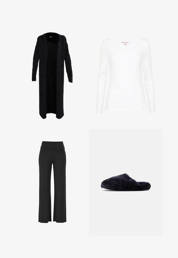 Lang sort cardigan lavet af fuzzy materiale med hætte. Åben frontdesign, lange ærmer og en blød tekstur. Ingen synlige lukninger eller mønstre.; Anna Field by Zalando Langærmet T-shirt - white; Sorte, brede bukser med et højt, draperet talje bånd lavet af et blødt, strækbart materiale, der har glatte, jævne syninger og ingen synlige mønstre.; Sort, behåret slip-on tøffel med lukket tå og åben hæl, blødt tekstureret stof, vist i sideprofil på hvid baggrund.