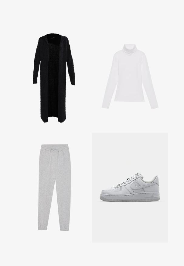 Lang sort cardigan lavet af fuzzy materiale med hætte. Åben frontdesign, lange ærmer og en blød tekstur. Ingen synlige lukninger eller mønstre.; Hvid langærmet turtle-neck top lavet af glat, strækbart stof. Har en høj krave og tætsiddende design, uden synlige mønstre eller udsmykninger.; Grå træningsbukser med en blød tekstur, elastisk talje og snoretræk. Taperet ben-design med en afslappet pasform.; Hvid lædersneaker med lavt design, rund tå, perforerede detaljer og en tekstureret gummisål. Har grå accenter på tungen.