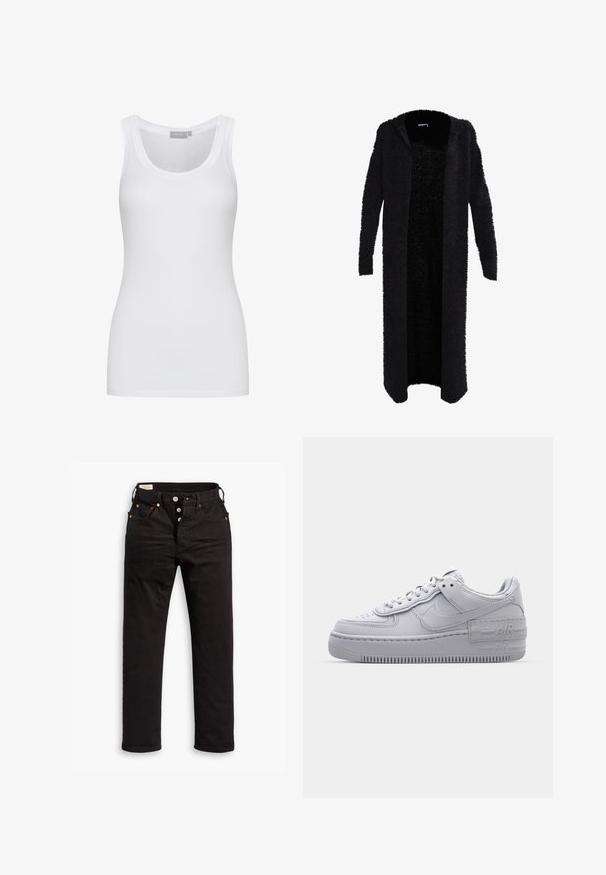 Long cardigan noir en matériau pelucheux avec capuche. Design à l'avant ouvert, manches longues et texture douce. Aucune fixation ou motif visible.; Débardeur blanc en coton avec un col rond et une coupe ajustée. Doté de larges bretelles et d'une texture lisse. Aucun motif ni accent visible.; Jean noir à jambe droite avec fermeture à boutons, poches avant et arrière, et détails en rivets cuivrés sur fond blanc.; Basket en cuir lisse gris Nike Air Force 1 avec un bout perforé, une semelle épaisse et un détail 'AIR' en relief sur le talon.