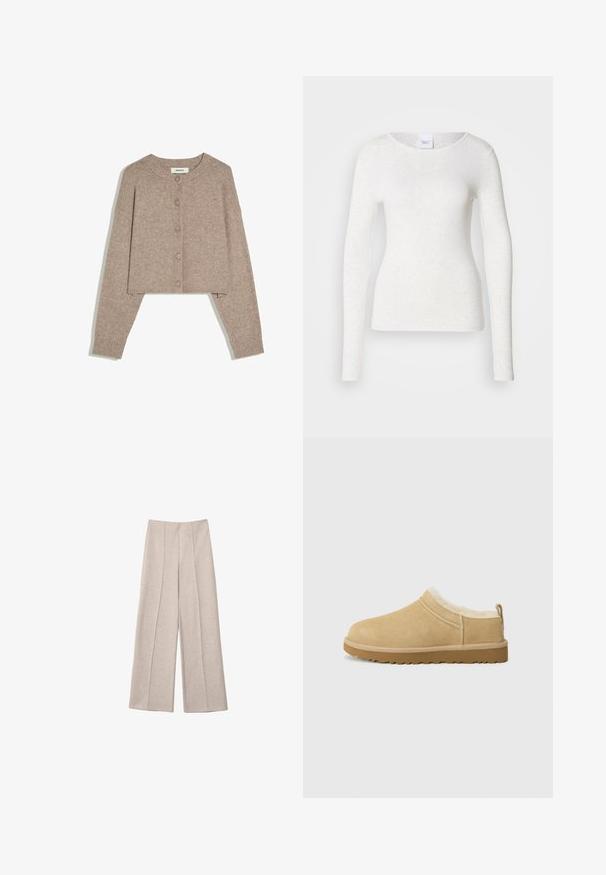 Beige cropped cardigan med lange ærmer, rund halsudskæring, fem knapper foran og ribstrikkede manchetter, lagt fladt på hvid baggrund.; Hvid langærmet t-shirt i et blødt, letvægtsstof med rund halsudskæring og slank pasform, der har en diskret struktur.; Beige vide bukser lavet af et blødt stof, med markante for-pletter og en skræddersyet høj talje design, uden synlige lommer.; Suede slip-on sko i lys tan, med en blød pelsforing og tekstureret gummisål med en let hæl og bagestrop for nem påklædning.