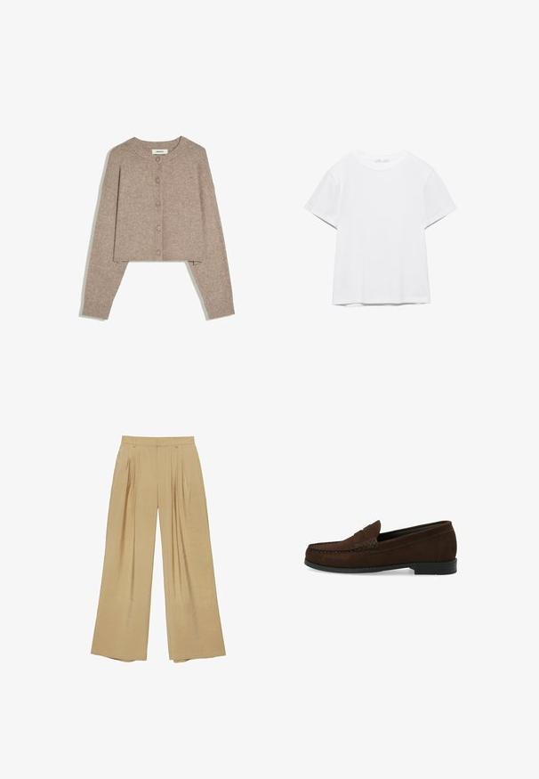 Cardigan court beige avec manches longues, col rond, cinq boutons sur le devant et poignets côtelés, posé à plat sur un fond blanc.; T-shirt blanc uni à manches courtes et col rond, avec un ourlet droit, présenté sur un fond blanc.; Pantalon beige à jambes larges avec plis devant, passants de ceinture et fermeture éclair, confectionné dans un tissu léger.; Mocassins en suède marron avec un bout cousu en mocassin, semelle plate en caoutchouc noir et une sangle décorative ainsi que des détails.