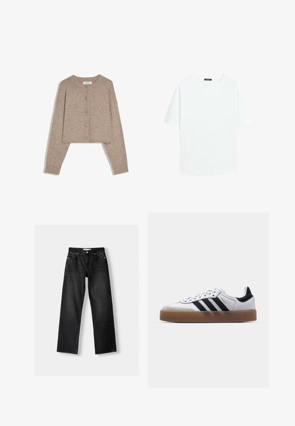 Beige kurze Strickjacke mit langen Ärmeln, rundem Ausschnitt, fünf Knöpfen vorne und gerippten Bündchen, flach auf weißem Hintergrund liegend.; Schlichtes weißes Kurzarm-T-Shirt mit Rundhalsausschnitt und kleinem schwarzem Etikett innen am Kragen.; Bershka Jeans Straight Leg - mottled dark grey; Weiße Leder Sneakers mit schwarzen Streifen, Gummigummi-Außensohle, runder Zehenform, Schnürverschluss und weichem grauem Wildleder-Zehenkappe.