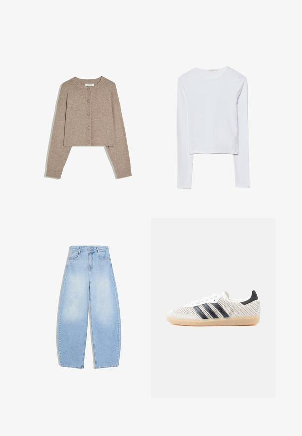 Cardigan court beige avec manches longues, col rond, cinq boutons sur le devant et poignets côtelés, posé à plat sur un fond blanc.; Haut court à manches longues blanc, en coton doux, avec un col rond et une coupe ajustée, comportant des coutures minimes et sans ornements.; Jean denim bleu clair taille haute à jambes larges, avec poches avant, passants pour ceinture, fermeture par bouton et zip, sur fond blanc.; Baskets en maille blanche avec un design à trois bandes noires, bout arrondi et semelle en caoutchouc gomme. Dotées d'un col de talon souple et d'une fermeture à lacets.