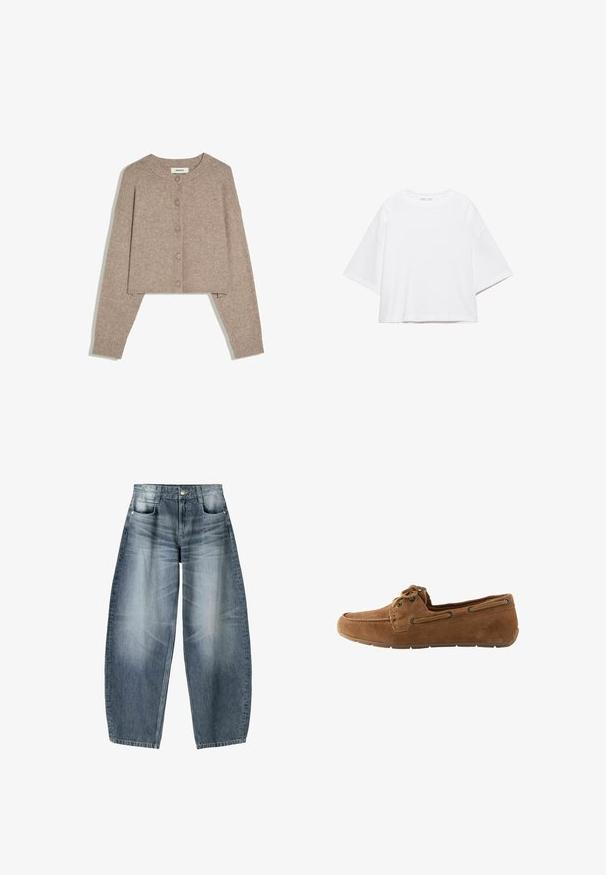 Beige cropped cardigan med lange ærmer, rund halsudskæring, fem knapper foran og ribstrikkede manchetter, lagt fladt på hvid baggrund.; Hvid, kortærmet, løs t-shirt lavet af blød bomuld. Har rund halsudskæring og brede ærmer, med et rent, enkelt design.; Bredde jeans lavet af lyseblå denim med falmning, der har et fem-lomme design, knaplukning og minimale syninger.; Brune ruskind loafers med rund tå, snøredetalje og metaløjer. Fleksibel gummisål med en tekstureret overflade for bedre greb.
