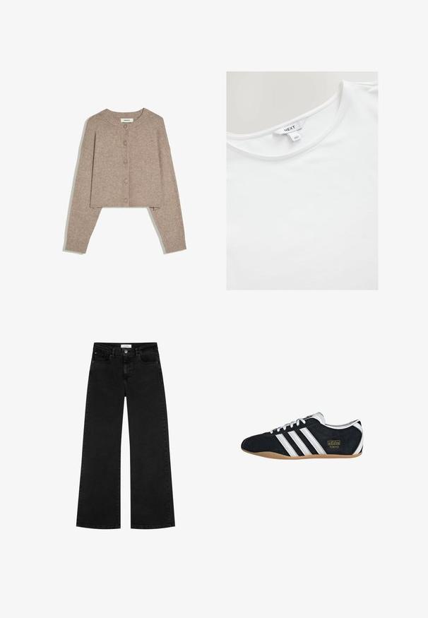 Beige cropped cardigan med lange ærmer, rund halsudskæring, fem knapper foran og ribstrikkede manchetter, lagt fladt på hvid baggrund.; Hvid kortærmet T-shirt lavet af blød bomuld, med en rund halsudskæring og et label med "NEXT" på den indre ryg.; Sorte høj talje vidde jeans med for- og møntlommer, knaplukning og bæltestropper.; Sort ruskinds sneaker med hvide tre striber, guldlogo og en brun gummisål. Har et lavprofil snørebåndsdesign.