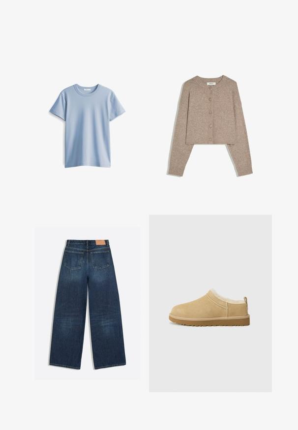 Beige kurze Strickjacke mit langen Ärmeln, rundem Ausschnitt, fünf Knöpfen vorne und gerippten Bündchen, flach auf weißem Hintergrund liegend.; Himmelblaues Baumwoll-T-Shirt mit rundem Halsausschnitt und kurzen Ärmeln. Glatte Textur und gerader Saum, einfaches und klassisches Design.; Dunkelblaue Jeans mit weitem Bein, zwei Gesäßtaschen und einem braunen Leder-Logo am Bund.; Suede Slipper in hellbraun, ausgestattet mit einem weichen Fellfutter und einer strukturierten Gummisole mit einem leichten Absatz sowie einer Zugschlaufe hinten für einfaches An- und Ausziehen.