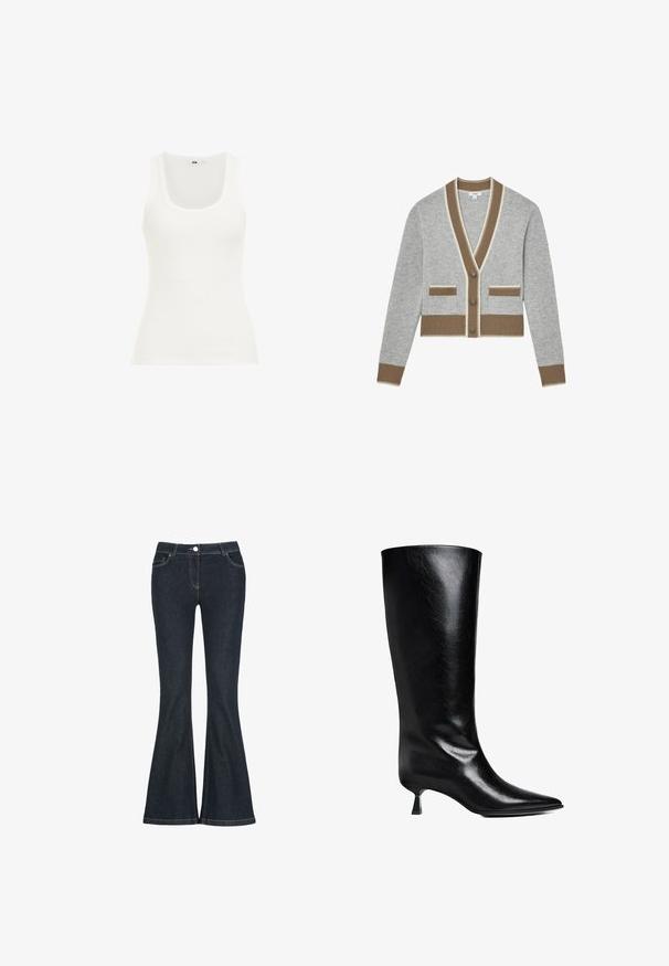 Cardigan gris avec col en V, bordure marron et deux poches avant. Comprend cinq boutons et une texture côtelée aux poignets et à l'ourlet.; Débardeur blanc côtelé avec un décolleté ras du cou et des bretelles larges. Le tissu semble extensible et ajusté, adapté pour le superposition ou une tenue décontractée.; Jean évasé bleu foncé en denim. Comprend un design à cinq poches, une fermeture à bouton et des coutures contrastantes le long des coutures.; Boot en cuir noir, montant jusqu'au genou, avec un bout pointu, une silhouette élancée et un talon carré bas, le tout avec une finition brillante.