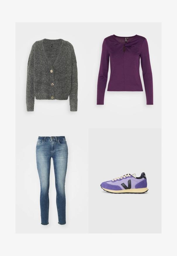 ONLY ONYZOEY CARDIGAN - Cardigan - dark grey melange; Pieces PCMINA - Langærmet T-shirt - blackberry cordial; Slanke blå jeans lavet af denim, med en falmet vask, let slid på fronten og flosset kant ved anklerne.; Lilla sneaker i ruskind og mesh-materiale, sort logo-detalje, cremefarvede snørebånd og en gul sål. Har tekstureret overflade og kontrasterende accenter.