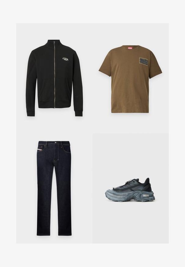 Sort lynlåsfrit jakke lavet af blødt stof med høj hals, forlommer, ribbede ærmeender og et lille logo på venstre bryst.; Brun bomulds T-shirt med rund hals, der har et sort grafikmærke på venstre bryst. Kortærmet og med lige nederkant.; Mørkeblå denim jeans med lige ben-design, der har fem lommer, en knaplukning og kontrasterende syninger.; Sort og grå Diesel sneakers med tyk sål, snørrebåndslukning og tekstureret design på en ensfarvet lysegrå baggrund.