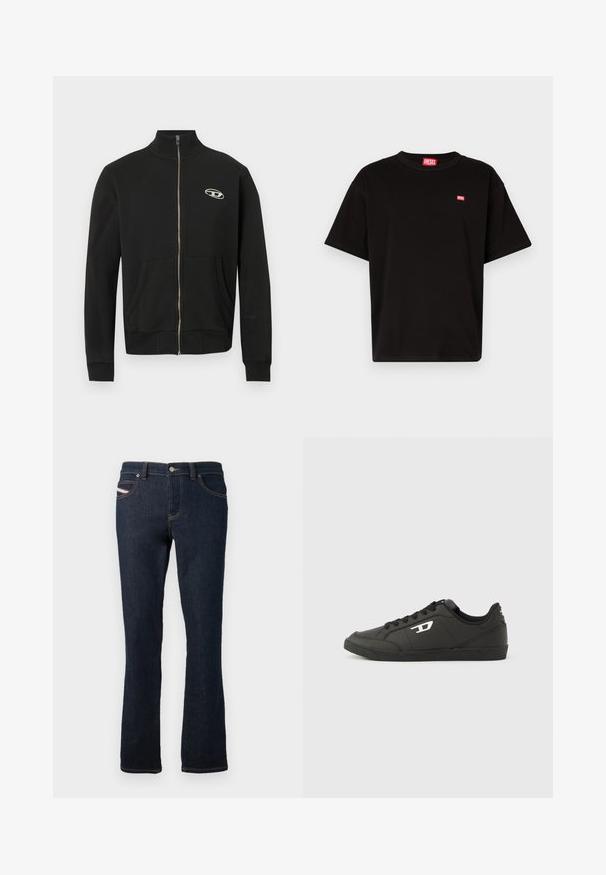 Zwarte jas met ritssluiting gemaakt van zacht stof, met een hoge halslijn, voorzakken, geribde boorden en een klein logo op de linkerborst.; Zwarte katoenen t-shirt met ronde hals, korte mouwen en een klein rood Diesel-logo op de borst. Rechte zoom, minimalistisch ontwerp.; Navyblauwe denim jeans met een rechte snit, voorzien van oranje stiksels, een metalen knoopsluiting en een klein logo op de achterzak.; Zwarte sneakers van synthetisch materiaal met een geribbelde zwarte zool, ronde neus en vlakke zwarte veters. Opvallend wit logomerk aan de buitenzijde.