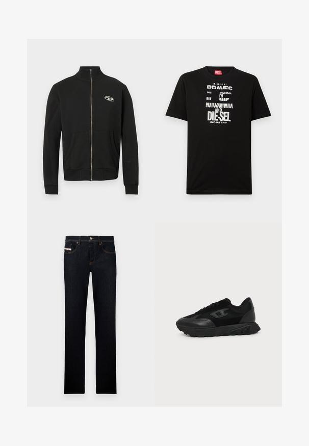 Schwarze Jacke mit Reißverschluss aus weichem Stoff, hoher Kragen, Fronttaschen, gerippte Bündchen und ein kleines Logo auf der linken Brust.; Schwarzes Baumwoll-T-Shirt mit kräftigen weißen Textgrafiken, darunter "DIESEL" und "INDUSTRY", mit rundem Halsausschnitt und kurzen Ärmeln.; Dunkelblaue Jeans aus Denim mit geradem Bein, mit orangefarbener Naht und einem Label auf der Vordertasche. Mit Metallknopfverschluss.; Schwarzer Low-Top-Sneaker mit strukturierter Sohle, Mesh- und Lederoberseite, Schnürung vorne und kleinem eingeprägtem Logo auf dem Seitenpanel.
