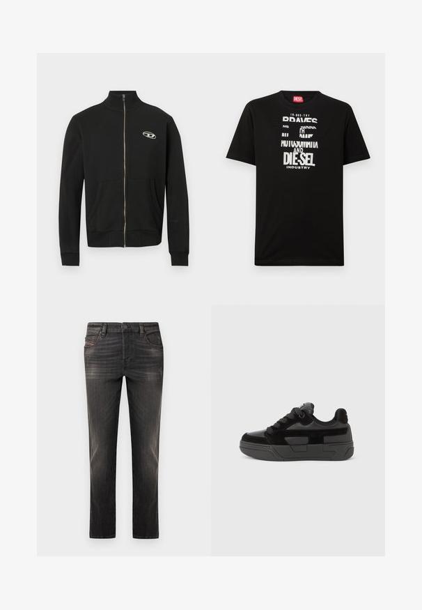 Veste noire zippée en tissu doux avec un col montant, des poches avant, des poignets côtelés et un petit logo sur le côté gauche de la poitrine.; T-shirt noir en coton avec des graphismes textuels blancs audacieux, incluant "DIESEL" et "INDUSTRY", avec un col rond et des manches courtes.; Jean en denim noir avec un effet délavé, coupe droite, style à cinq poches et fermeture par boutons. Présente des coutures discrètes et des accents métalliques.; Baskets noires en mélange de matériaux lisses et texturés, dotées d'un bout rond, d'une semelle épaisse et d'une fermeture à lacets. Design minimaliste avec des accents.