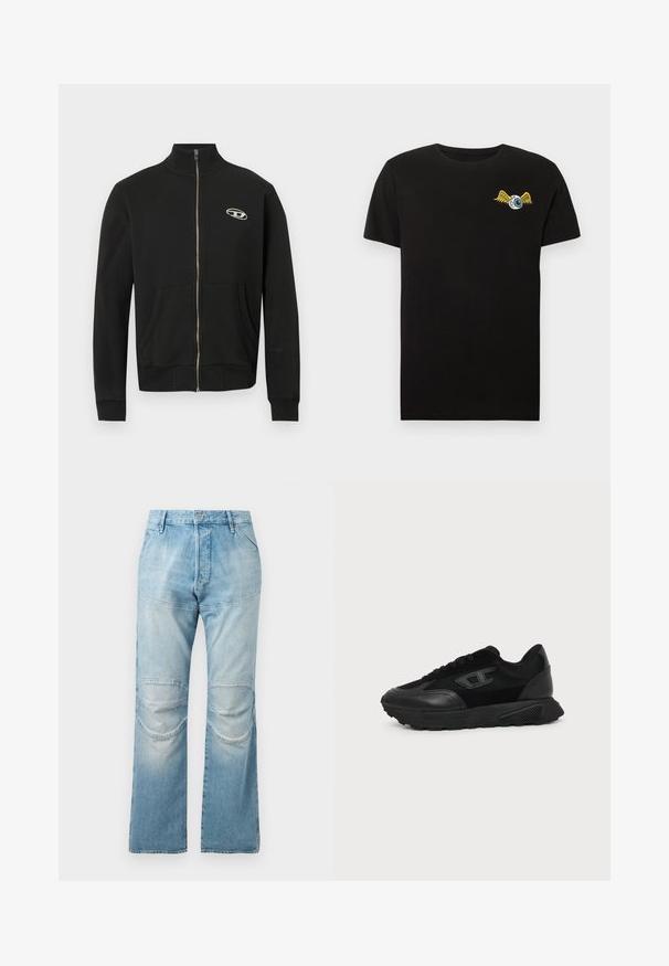 Mustast pehmest kangast lukuga jakk kõrge kaeluse, ees taskute, soonikkoes varrukakinnituste ja väikese logoga vasakul rinnal.; Must lühikeste varrukatega T-särk, ümar kaelus ja väike disain sinisest silmapallist kollaste tiibadega vasaku rinna ülaosas.; Heledad sinine, kõrge vööga sirge lõikega teksad, millel on põlvekohad ja pleekinud tekstuur. Vöökoha metallist nööbikinnitus.; Must madal jalanõu tekstuurse tallaga, võrgust ja nahast pealmise osaga, ees nöörimine ning külgpaneelil väike reljeefne logo.