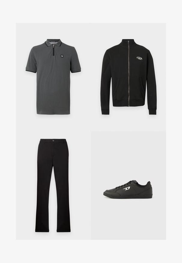 Veste noire zippée en tissu doux avec un col montant, des poches avant, des poignets côtelés et un petit logo sur le côté gauche de la poitrine.; Polo gris avec un col zippé, des manches courtes et des bordures noires autour du col et des manches. Petit logo sur la poitrine.; Pantalons en coton noir avec des jambes droites, une fermeture à bouton et fermeture éclair, et des poches latérales. Texture lisse, sans motifs ni accents visibles.; Baskets synthétiques noires avec une semelle noire texturée, un bout rond et des lacets plats noirs. Logo blanc remarquablement placé sur le côté extérieur.