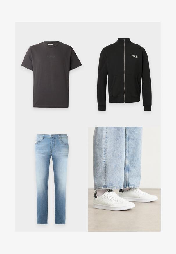 Sort lynlåsfrit jakke lavet af blødt stof med høj hals, forlommer, ribbede ærmeender og et lille logo på venstre bryst.; Mørkegrå kortærmet bomulds-t-shirt med et diskret reliefprint af "REPLAY" logoet foran. Rund halsudskæring og afslappet pasform.; Lysblå denim jeans med en let falmet finish, lige ben design, fem-lomme stil og metalknaplukning i taljen.; Hvide sneakers med en glat lædertekstur, sorte hæl detaljer og perforerede elementer. Sammen med lyseblå bukser med vide ben i denim.