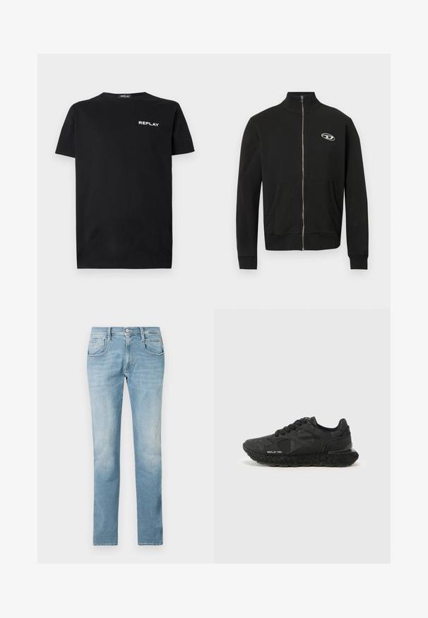 Zwarte jas met ritssluiting gemaakt van zacht stof, met een hoge halslijn, voorzakken, geribde boorden en een klein logo op de linkerborst.; Zwarte katoenen T-shirt met korte mouwen en ronde hals, met een witte "REPLAY" logo op de linkerborst. Glad textuur.; Lichtblauwe denim jeans met een rechte pijp ontwerp, vijf zakken en een vervaagde afwerking. Voorzien van een voorste knoop- en ritssluiting.; Replay DEAN COVERT - Sneakers laag - black