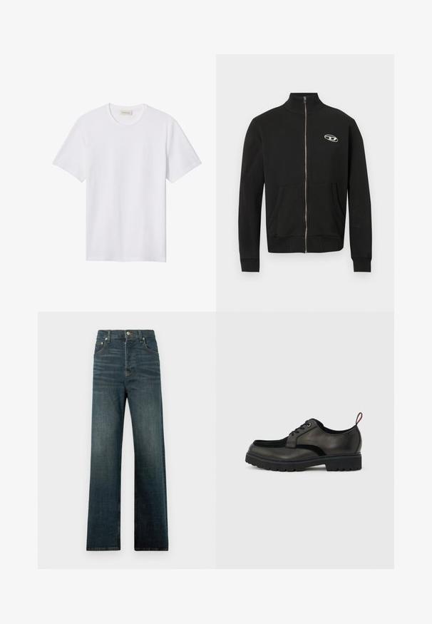 Zwarte jas met ritssluiting gemaakt van zacht stof, met een hoge halslijn, voorzakken, geribde boorden en een klein logo op de linkerborst.; Effen wit T-shirt met korte mouwen en ronde hals, met een klein reliëflogo op de linkerborst en een merklabel binnenin de kraag.; Denim jeans in een donkerblauwe wassing, met rechte pijpen, een klassieke vijf-pocketontwerp en subtiele wassing bij de heupen.; Zwarte leren veterboot met dikke, getande zool en rode trekband aan de hiel, weergegeven in zijprofiel op een lichtgrijze achtergrond.