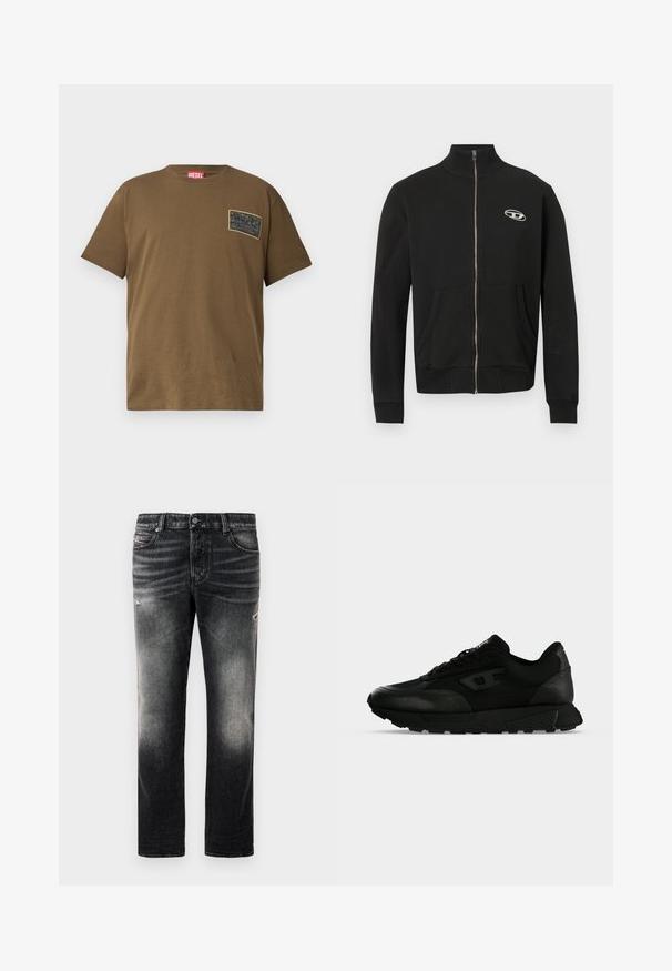 Veste noire zippée en tissu doux avec un col montant, des poches avant, des poignets côtelés et un petit logo sur le côté gauche de la poitrine.; T-shirt en coton marron avec un col rond, comportant un patch graphique noir sur la poitrine gauche. Manches courtes et ourlet droit.; Jean noir avec une finition délavée et des accents usés, design standard à cinq poches, et fermeture éclair. Fabriqué en tissu denim.; Baskets basses noires avec cuir texturé et panneaux en tissu, fermeture lacets et semelle épaisse en caoutchouc sur un fond clair uni.