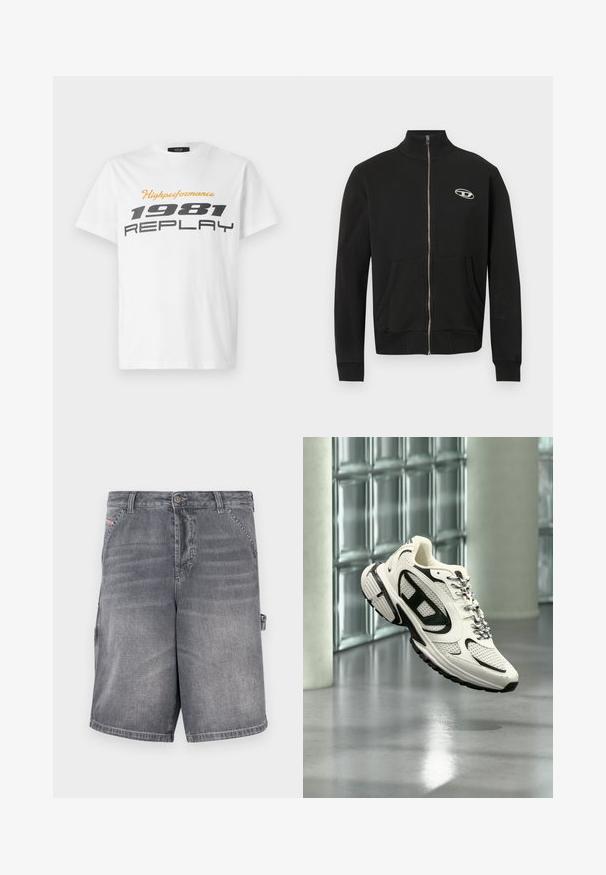 Schwarze Jacke mit Reißverschluss aus weichem Stoff, hoher Kragen, Fronttaschen, gerippte Bündchen und ein kleines Logo auf der linken Brust.; Replay SHORT SLEEVE GRAPHIC - T-Shirt print - natural white; Graue Denim-Shorts mit geradem Schnitt, fünf Taschen und dekorativen Nähten. Mit Knopfverschluss und seitlicher Schlaufe zur Größenanpassung.; Weißer und schwarzer Sportschuh mit Mesh-Details und gemusterten Schnürsenkeln, schwebt mitten in der Luft in einem modernen Innenraum mit Glasbausteinen.