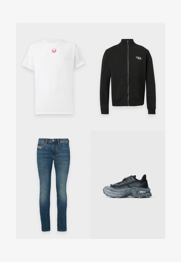 Zwarte jas met ritssluiting gemaakt van zacht stof, met een hoge halslijn, voorzakken, geribde boorden en een klein logo op de linkerborst.; Witte katoen t-shirt met korte mouwen, ronde hals en een kleine roze geborduurde adelaar grafiek op de borst. Zachte textuur.; Blauwe denim jeans met een slim fit, voorzien van een knoopsluiting, klassiek vijf-pocket ontwerp en lichte vervaging langs de benen voor een versleten uitstraling.; Zwarte en grijze Diesel sneakers met dikke zool, vetersluiting en gestructureerd ontwerp op een effen lichtgrijze achtergrond.