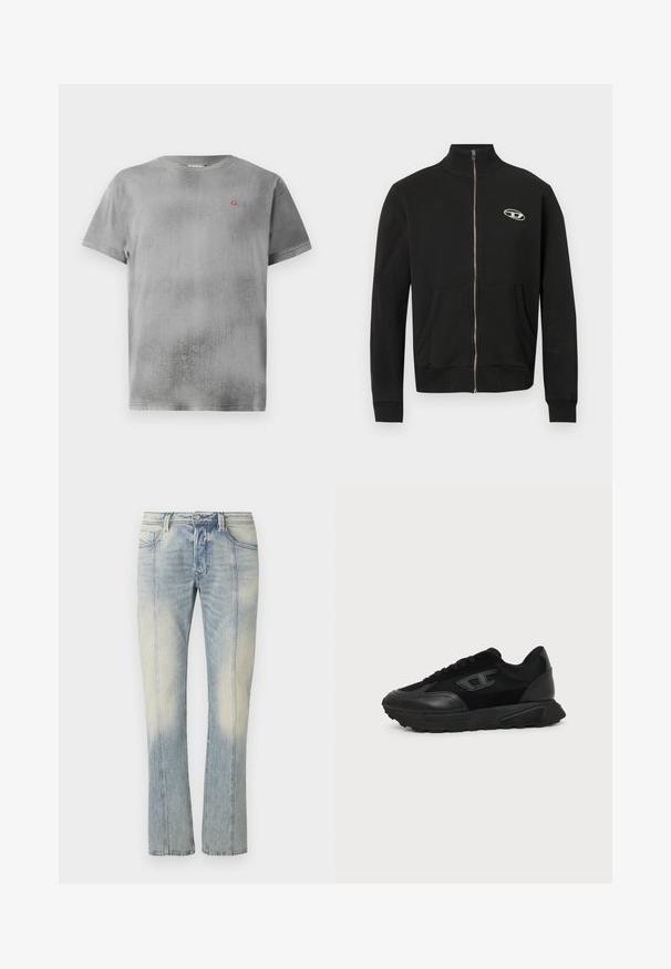Schwarze Jacke mit Reißverschluss aus weichem Stoff, hoher Kragen, Fronttaschen, gerippte Bündchen und ein kleines Logo auf der linken Brust.; Graues Kurzarm-T-Shirt mit strukturiertem Finish. Mit einem kleinen roten Logo auf der linken Brust. Einfacher runder Ausschnitt und gerader Saum.; Hellblaue Jeans aus Denim mit geradem Bein, doppelt abgesteppten Nähten, Fronttaschen und einem verwaschenen Finish. Kein sichtbares Markenzeichen.; Schwarzer Low-Top-Sneaker mit strukturierter Sohle, Mesh- und Lederoberseite, Schnürung vorne und kleinem eingeprägtem Logo auf dem Seitenpanel.