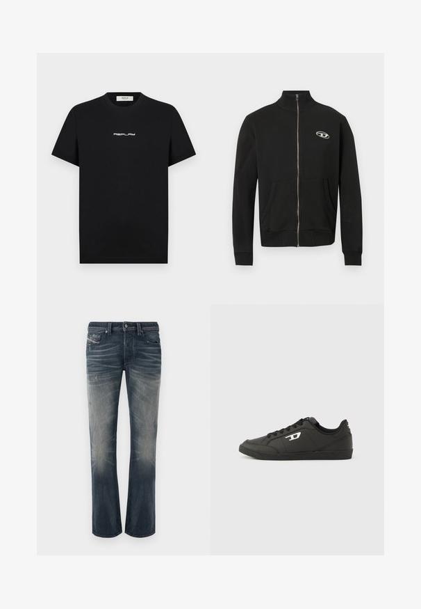 Veste noire zippée en tissu doux avec un col montant, des poches avant, des poignets côtelés et un petit logo sur le côté gauche de la poitrine.; T-shirt en coton noir à manches courtes et col rond, arborant un logo blanc "REPLAY" centré sur la poitrine.; Jean droit en denim bleu foncé délavé avec des sections effacées, des plis subtils et des détails usés. Fermeture par bouton avec cinq poches.; Baskets synthétiques noires avec une semelle noire texturée, un bout rond et des lacets plats noirs. Logo blanc remarquablement placé sur le côté extérieur.