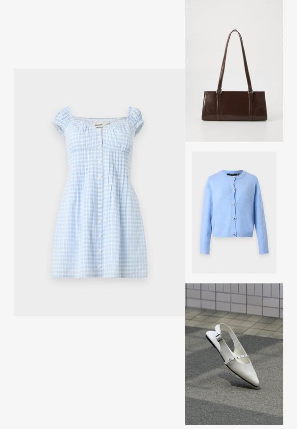 Cardigan en maille bleu clair avec manches longues et encolure ronde, orné de boutons argentés en forme de cœur sur le devant.; Robe courte à carreaux bleu clair et blanc avec manches bouffantes et fermeture à boutons sur le devant, présentant un col carré et un buste froncé.; Chaussure plate slingback blanche pointue avec deux boucles argentées, présentée en extérieur sur un sol texturé et un mur carrelé en arrière-plan.; Sac à main en cuir verni marron de forme rectangulaire, avec deux longues poignées et des accents courbés subtils à l'avant.