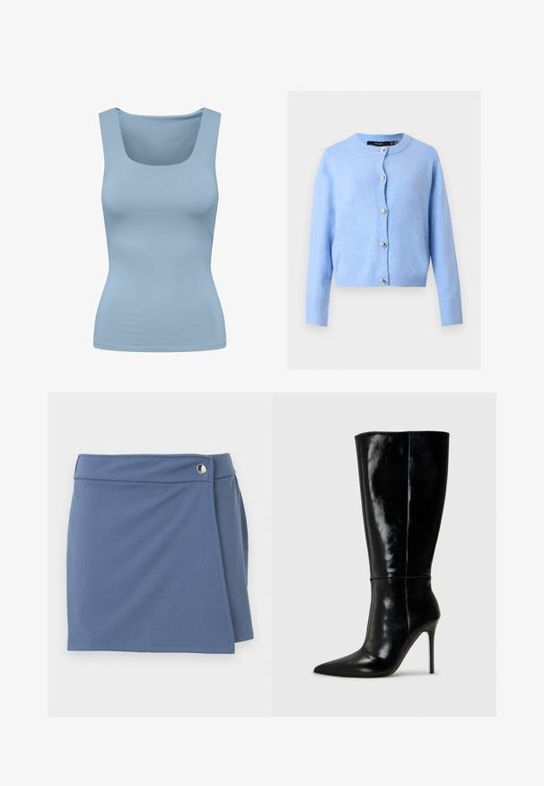 Cardigan en maille bleu clair avec manches longues et encolure ronde, orné de boutons argentés en forme de cœur sur le devant.; Débardeur bleu clair avec un décolleté carré, fabriqué à partir d'un tissu lisse et extensible. Il présente des bretelles larges et une silhouette ajustée.; Jupe bleue style portefeuille avec une taille haute et une fermeture par bouton argenté sur le côté droit, présentée sur un fond blanc.; Bottes noires en cuir, hautes jusqu'au genou, avec un bout pointu et un talon aiguille haut. Texture lisse et design épuré, avec un minimum de détails.