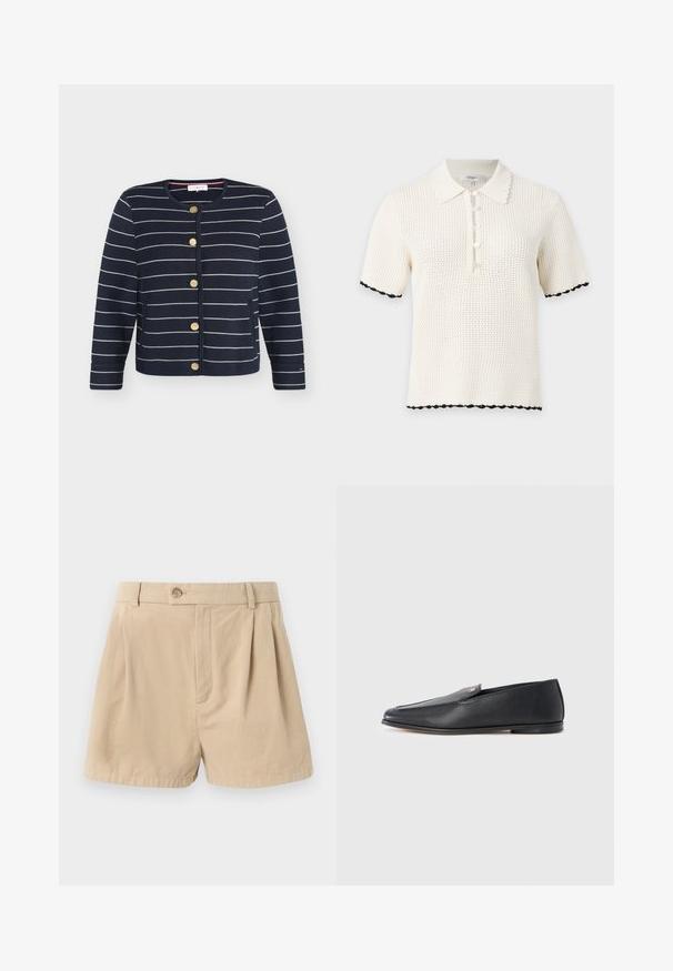 Marineblauwe cardigan met witte horizontale strepen, ronde hals, gouden knopen aan de voorkant en lange mouwen.; Witte gebreide polo met korte mouwen, gegolfde kraag, knopenbies en zwarte afwerking aan mouwboorden en zoom.; Filippa K HIGH WAIST PLEATED - Shorts - beige; Zwarte leren loafers met een gladde textuur, een afgeronde neus en subtiele stiksel details. Voorzien van een gouden logomerk aan de bovenzijde.