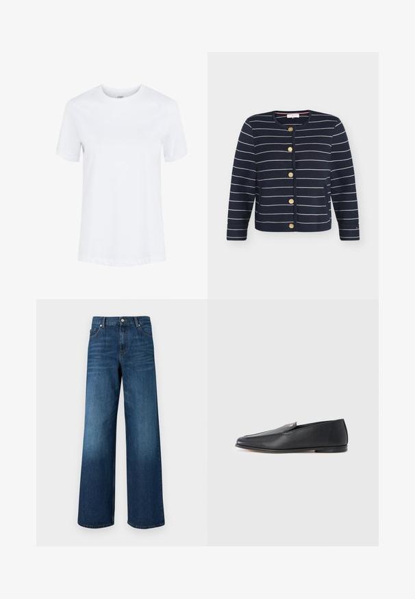 Marineblå cardigan med hvide, vandrette striber, rund halsudskæring, guldknapper foran og lange ærmer.; Hvid kortærmet bomuld T-shirt med rund hals og foldede ærmekanter, vist på en ensartet hvid baggrund.; Blå vidde bukser i denim med forlommer, bæltestropper og knaplukning på en ensfarvet baggrund.; Sorte læderloafers med en glat tekstur, rundet tå og subtile syningsdetaljer. Har en guldfarvet logoaccent på oversiden.
