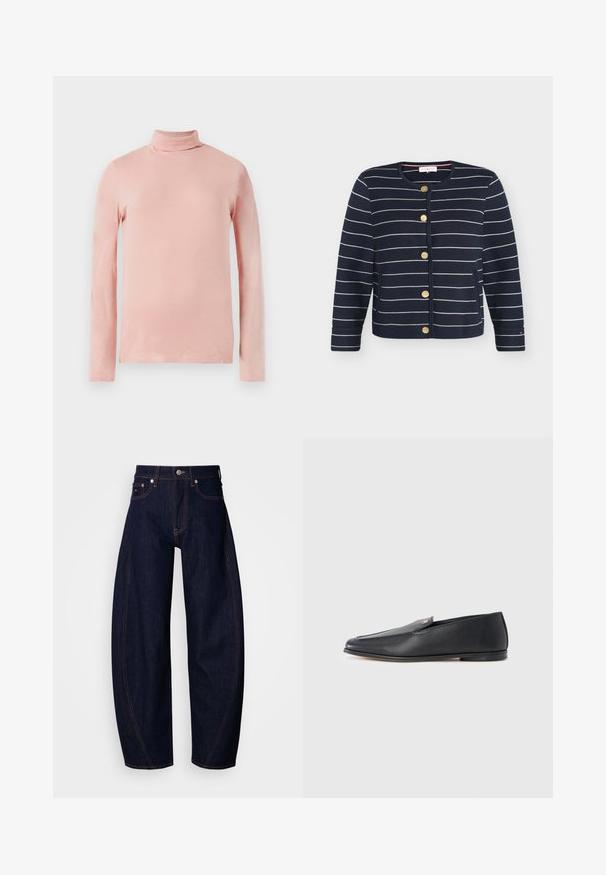 Marineblå cardigan med hvide, vandrette striber, rund halsudskæring, guldknapper foran og lange ærmer.; Lys pink langærmet turtleneck top med et tætsiddende design, glat tekstur og høj hals. Ingen synlige mønstre eller dekorationer.; Mørkeblå denimjeans med løs pasform, højtaljet, med orange syninger, klassisk femlomme-design og knaplukning.; Sorte læderloafers med en glat tekstur, rundet tå og subtile syningsdetaljer. Har en guldfarvet logoaccent på oversiden.