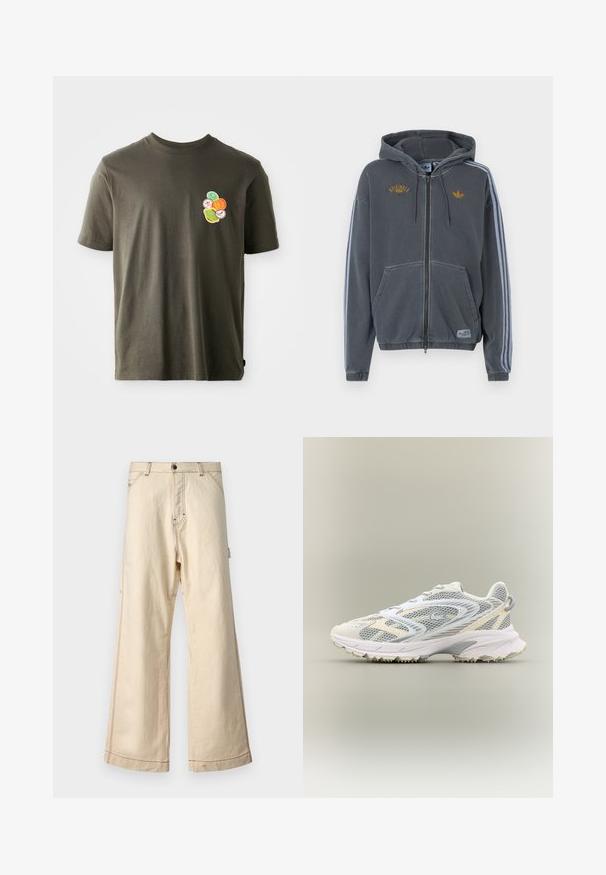 Dunkelgrauer Kapuzenpullover mit Reißverschluss, Kapuze, Fronttaschen, hellgrauen Streifen an den Ärmeln und gelben "Originals"- und Adidas-Logos auf der Brust.; Dunkelolivgrünes Baumwoll-T-Shirt mit Rundhalsausschnitt. Verfügt über ein farbenfrohes Druckdesign mit kreisförmigen Motiven im linken Brustbereich.; Beige weit geschnittene Hose aus Baumwolle mit einem Reißverschluss und Knopfverschluss, mit kontrastierenden Nähten und Seitentaschen.; Weißer Sportschuh mit grauen Netzpaneelen, strukturierten Überzügen, einem gepolsterten Kragen und einer Gummisohle mit kleinen Traktionsspikes.